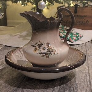 Vintage Large Floral Ironstone Pitcher and Basin Set 11"x16"